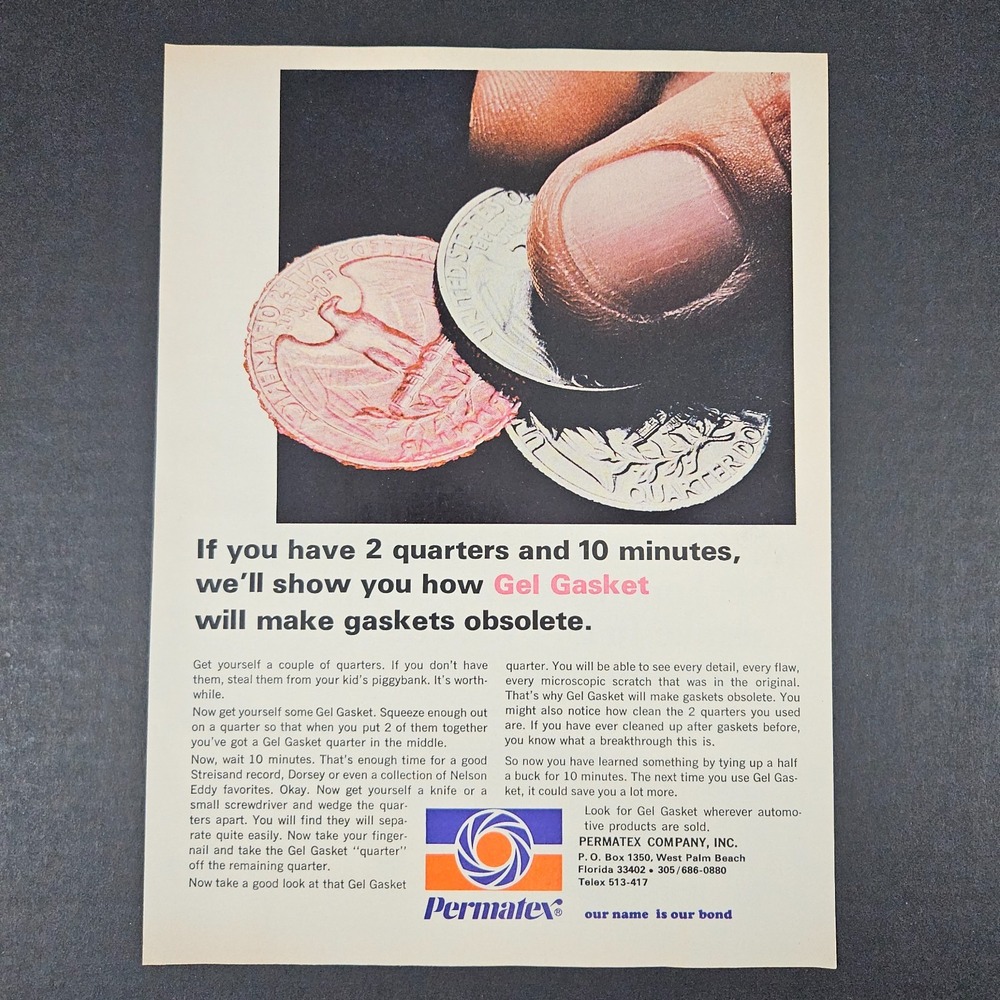 1974 Permatex Gel‎ Gasket Vintage Print Ad Automotive West Palm Beach FL Garage